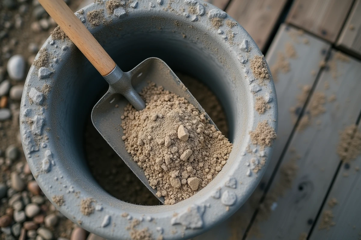 Gros plan d'une pelle remplie de sable et gravier posée sur une auge à béton en cours de mélange