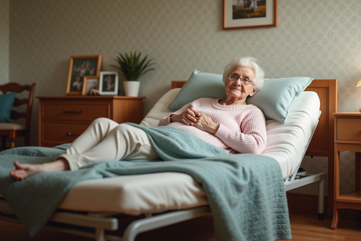 Femme âgée allongée sur un lit hydraulique dans une chambre chaleureuse
