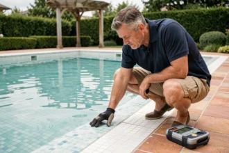 Homme inspectant les carreaux d'une piscine extérieure avec kit de test de l'eau, compatibilité entre carrelage et traitement au sel