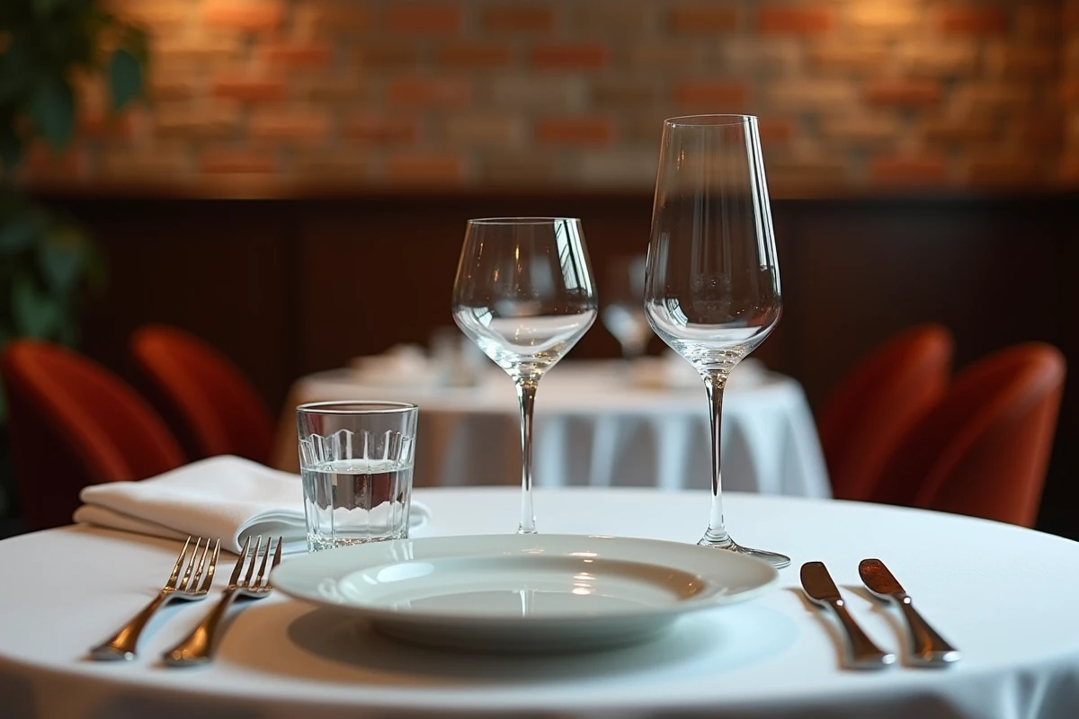 Placement correct des verres au restaurant avec verre à cocktail, verre à vin et verre à eau disposés en diagonale