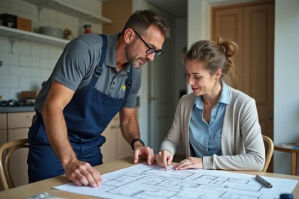 Professionnel de la rénovation expliquant un plan à une cliente
