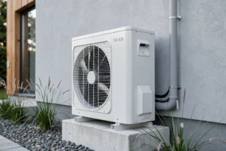 Pompe à chaleur air-eau 14 kW installée en extérieur sur la façade d'une maison individuelle moderne