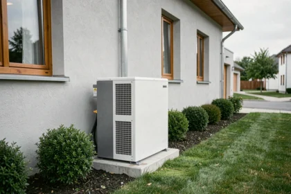 Pompe à chaleur air-eau installée sur la facade extérieure d'une maison individuelle moderne