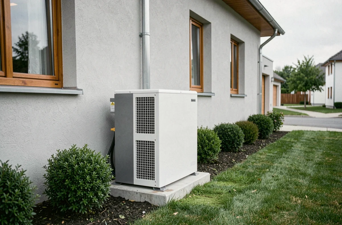 Pompe à chaleur air-eau installée sur la facade extérieure d'une maison individuelle moderne
