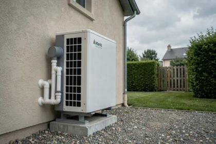 Pompe à chaleur Atlantic 8 kW installée sur la façade extérieure d'une maison individuelle française