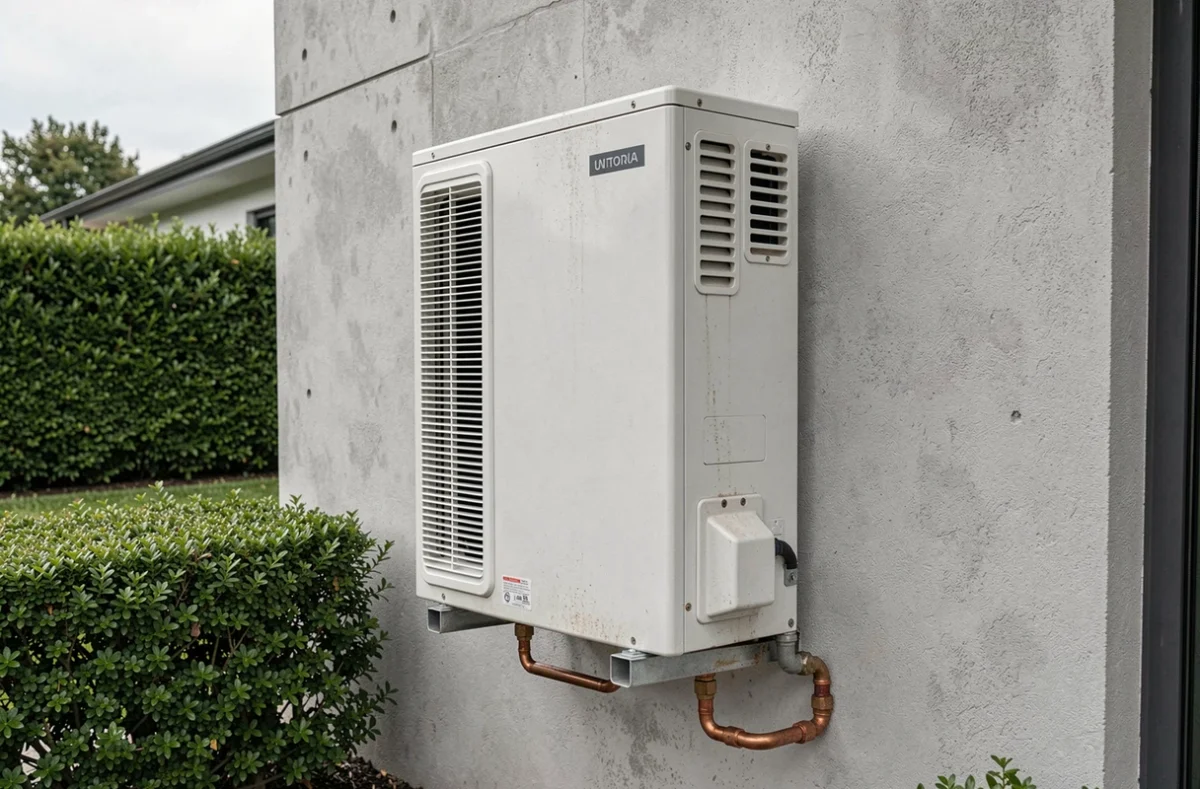 Pompe à chaleur extérieure installée sur la façade d'une maison contemporaine avec tuyaux en cuivre apparents