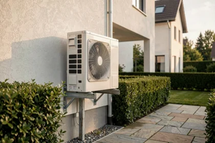 Pompe à chaleur Hitachi installée en façade extérieure d'une maison individuelle moderne