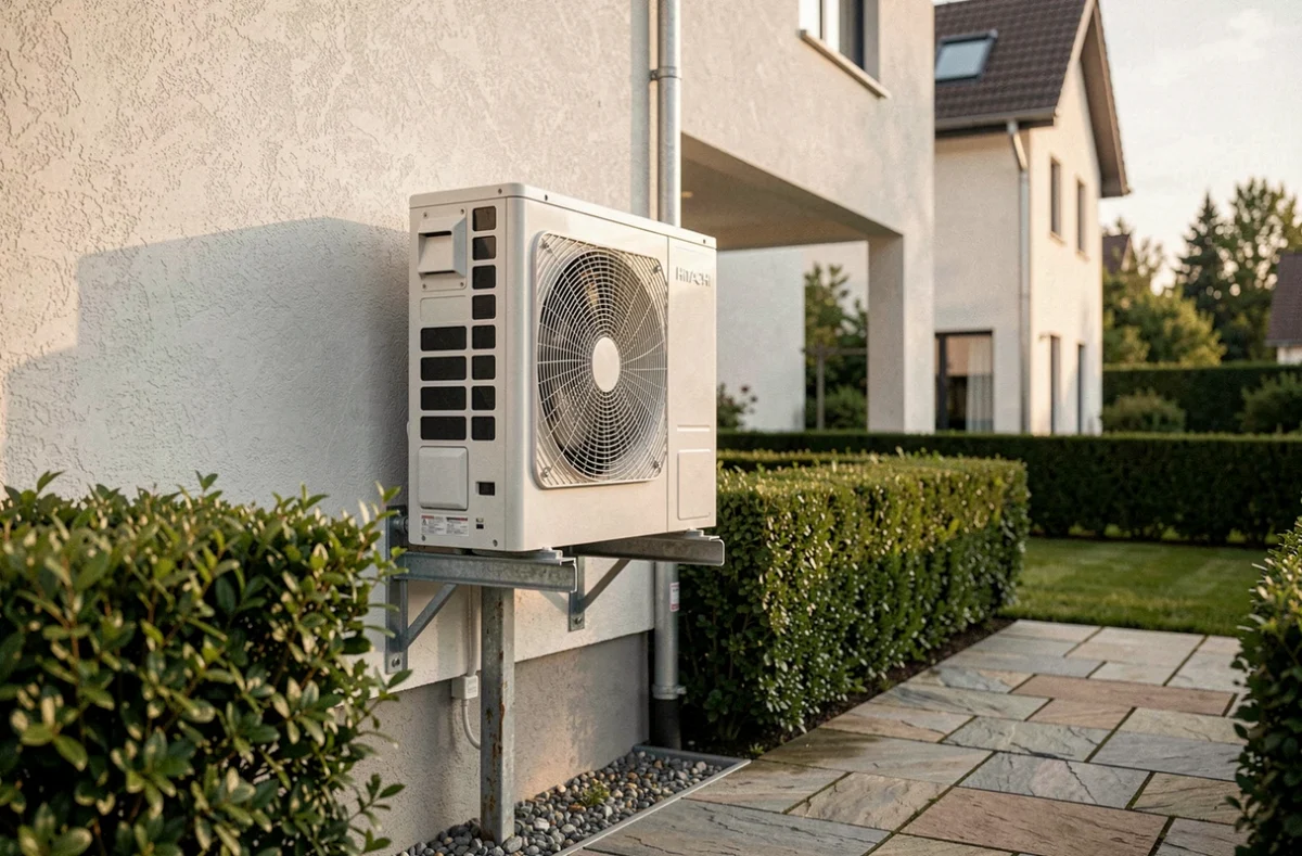 Pompe à chaleur Hitachi installée en façade extérieure d'une maison individuelle moderne