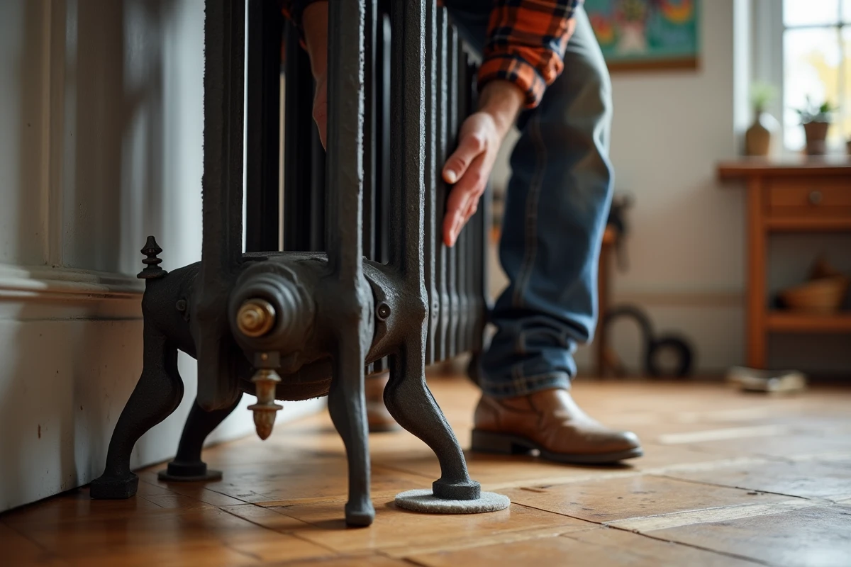 Ouvrier ajustant feutres sous radiateur en fonte vintage