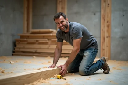Charpentier professionnel posant une lambourde en bois sur un plancher béton lors d'une rénovation intérieure