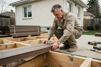Pose de lames de terrasse en bois composite sur lambourdes avec clips inox, chantier en cours dans un jardin résidentiel