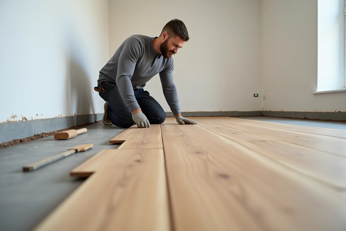 Homme posant un parquet stratifié en chêne clair dans un appartement en cours de rénovation DIY