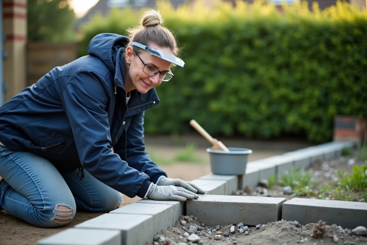 Femme posant un bloc de pierre sur mortier dosé lors de la construction d'un muret de jardin
