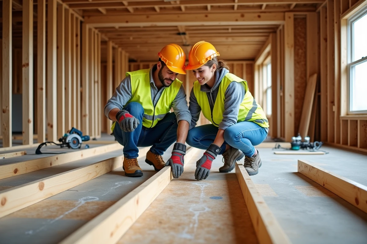 Deux ouvriers du bâtiment alignant des solives en bois sur un chantier de construction résidentielle