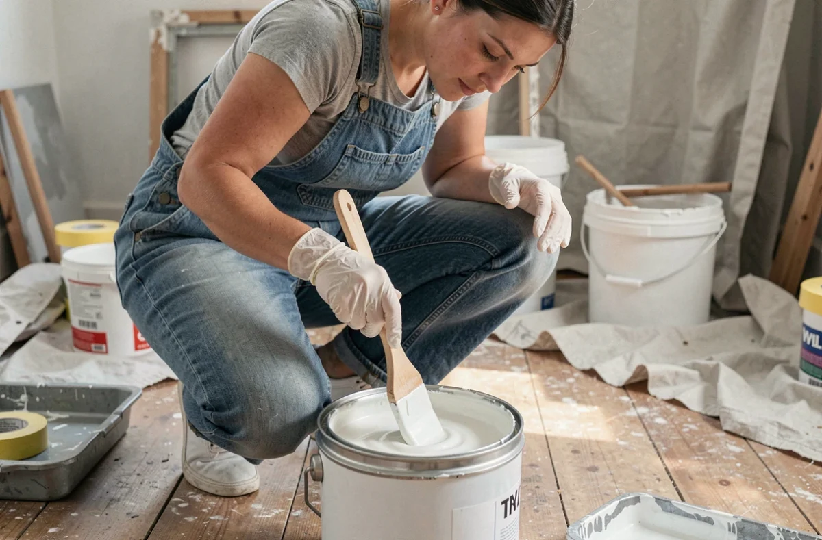 Femme préparant un pot de peinture glycéro blanche couvrante avant application au plafond lors de travaux de rénovation intérieure