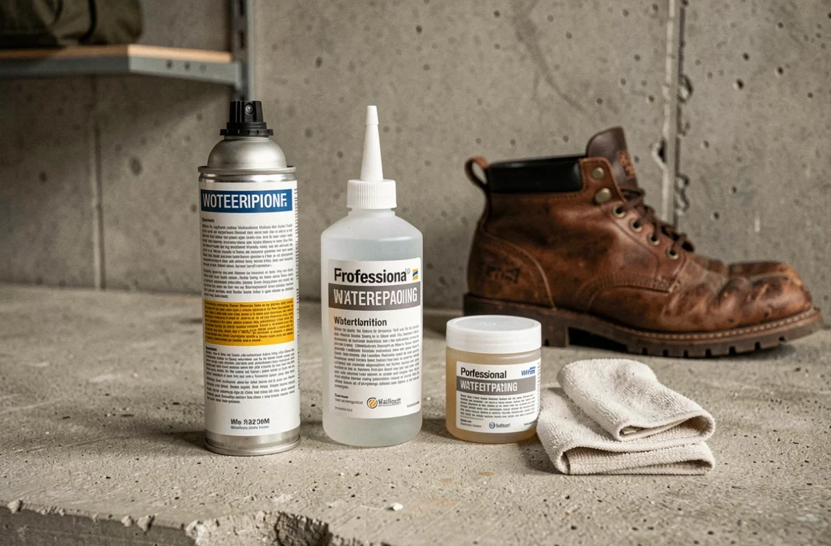 Produits imperméabilisants professionnels disposés sur béton avec botte en cuir et chiffon microfibre