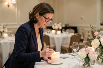 Professionnelle de l'événementiel inspectant une bougie LED en cire sur une table de banquet élégante
