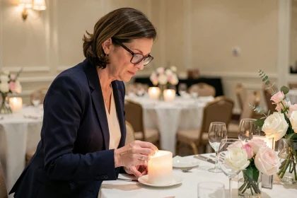 Professionnelle de l'événementiel inspectant une bougie LED en cire sur une table de banquet élégante