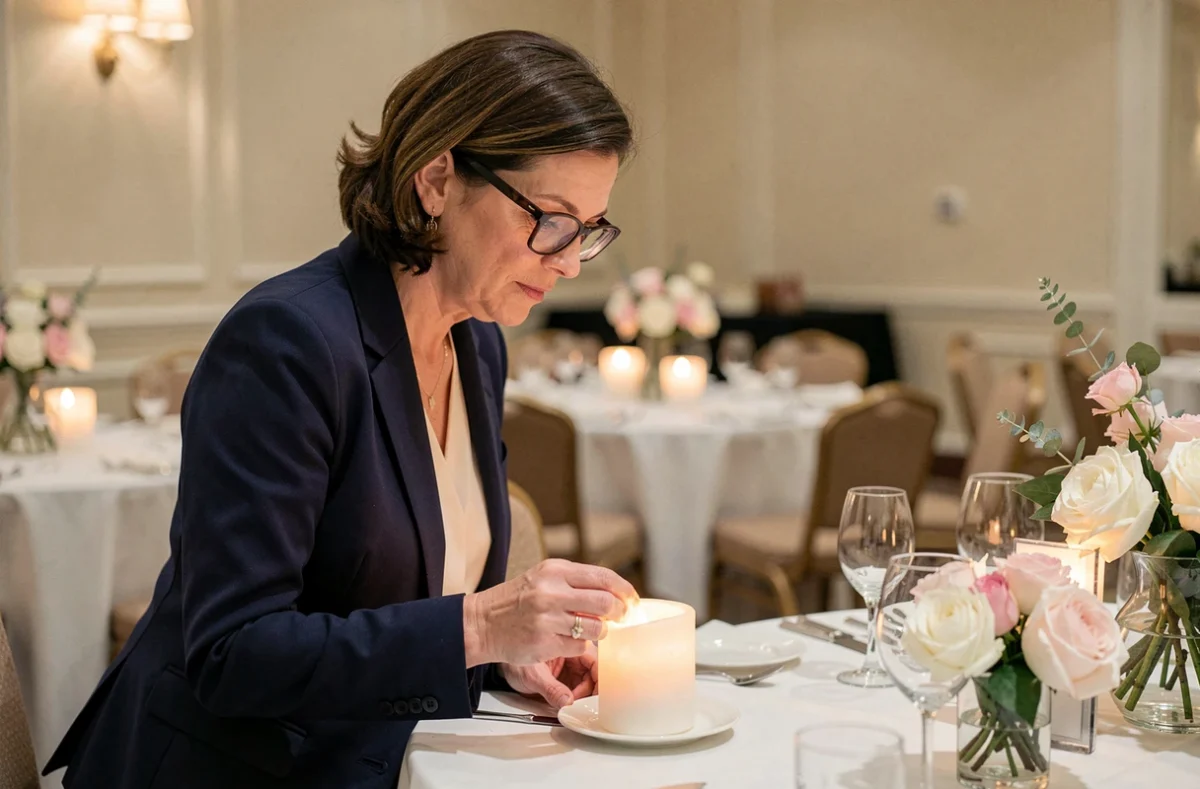 Professionnelle de l'événementiel inspectant une bougie LED en cire sur une table de banquet élégante