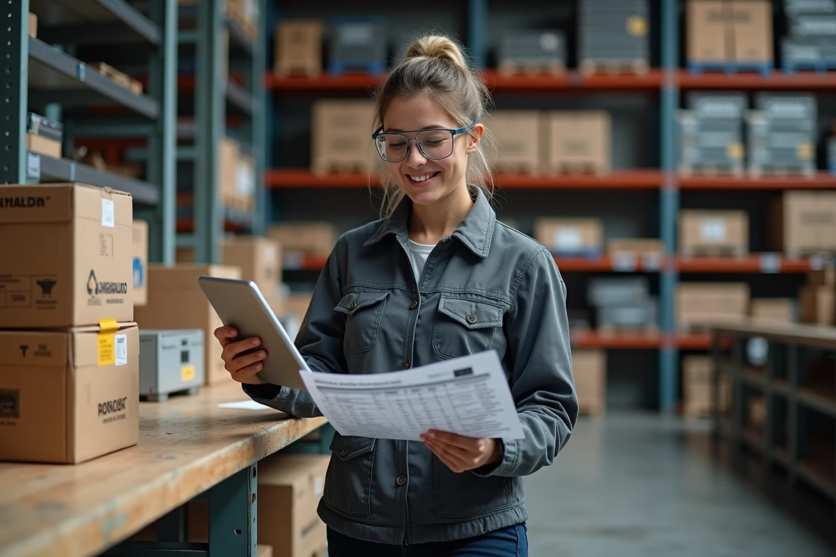 Une professionnelle en quincaillerie industrielle compare les fiches techniques d'outils Erbauer et de grandes marques devant un rayon d'outillage