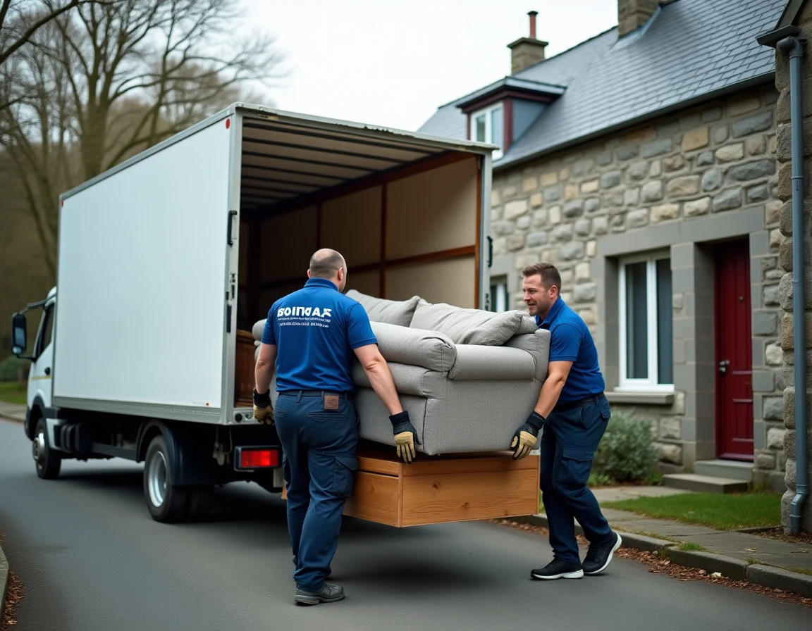 Deux professionnels du débarras chargeant des meubles encombrants dans un camion devant une maison en pierre bretonne