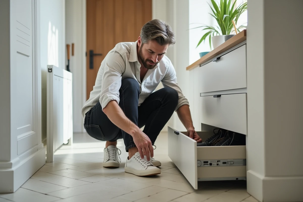 Personne rangeant des chaussures dans un meuble Nano compact dans un couloir d'entrée