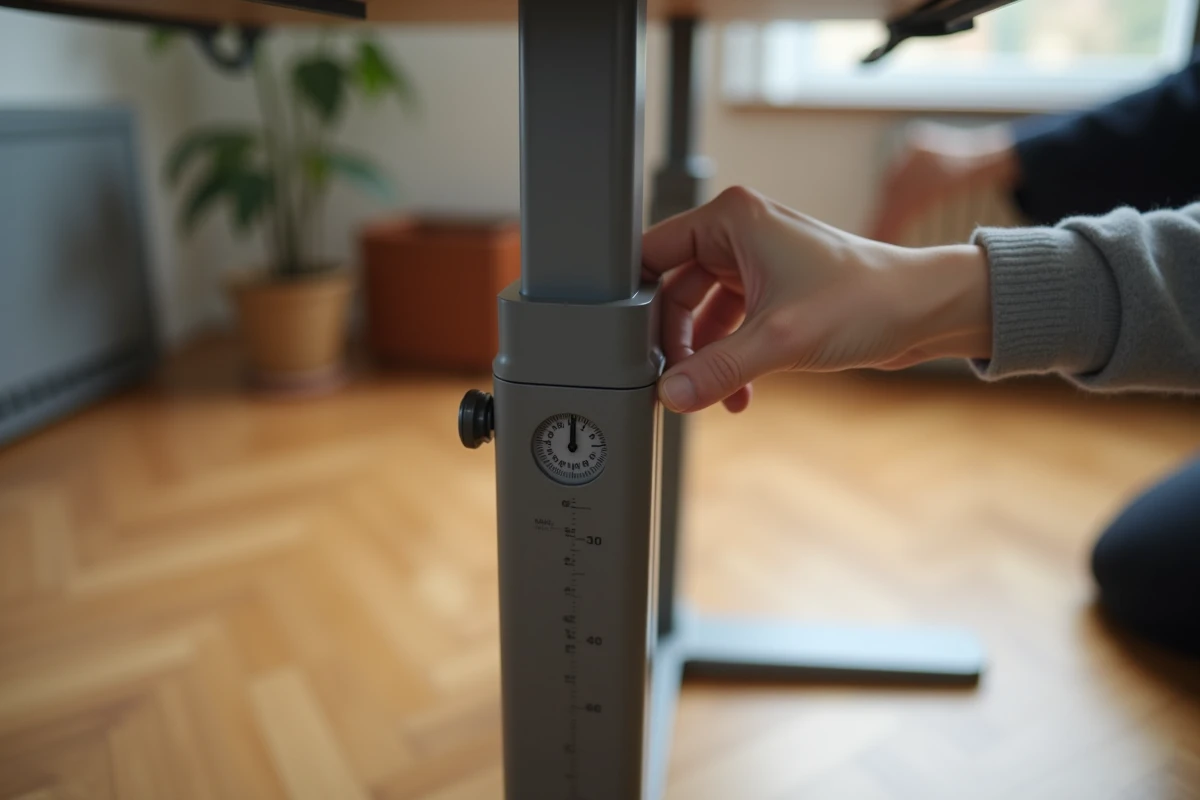 Gros plan sur le mécanisme de réglage en hauteur d'un bureau ergonomique avec échelle graduée en centimètres
