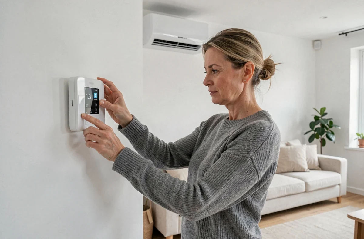 Femme réglant le thermostat d'une pompe à chaleur Hitachi dans un salon moderne