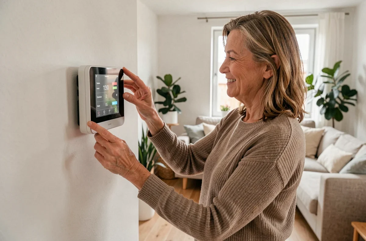 Femme ajustant un thermostat connecté relié à une pompe à chaleur dans un salon moderne au style scandinave