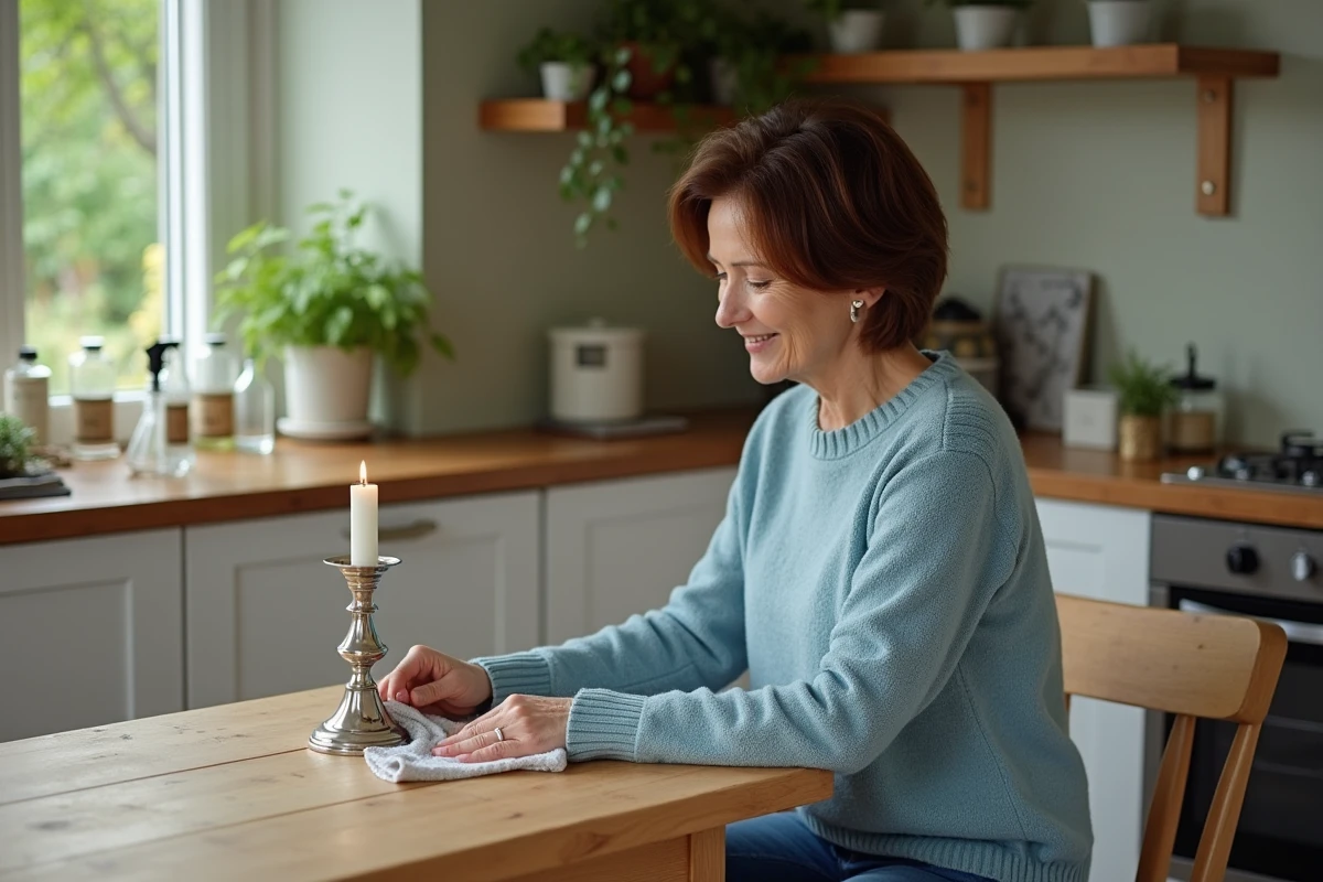 Femme polissant un chandelier en argent dans la cuisine
