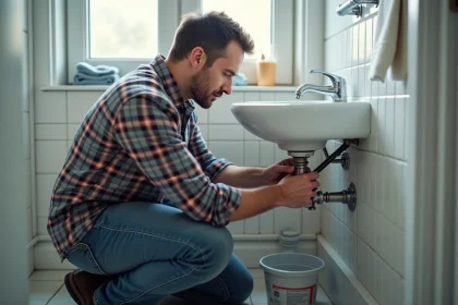 Homme moyenâgeux en jeans répare siphon salle de bain