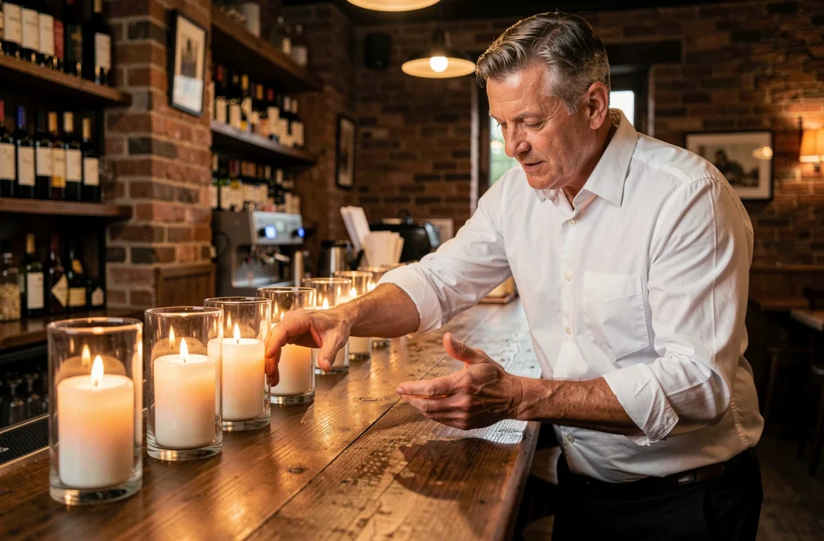 Restaurateur disposant des bougies LED en cire sur un comptoir de bar en bois dans un bistro