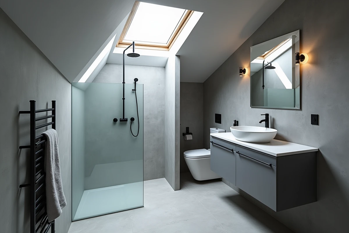 Salle de bain sous combles moderne avec fenêtre de toit Velux au-dessus de la douche, meuble vasque sur mesure épousant la pente et sol en microciment