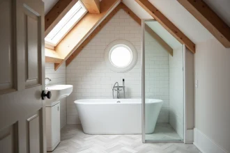 Salle de bain sous combles avec baignoire îlot et douche sous plafond en pente, poutres apparentes blanches et carrelage métro