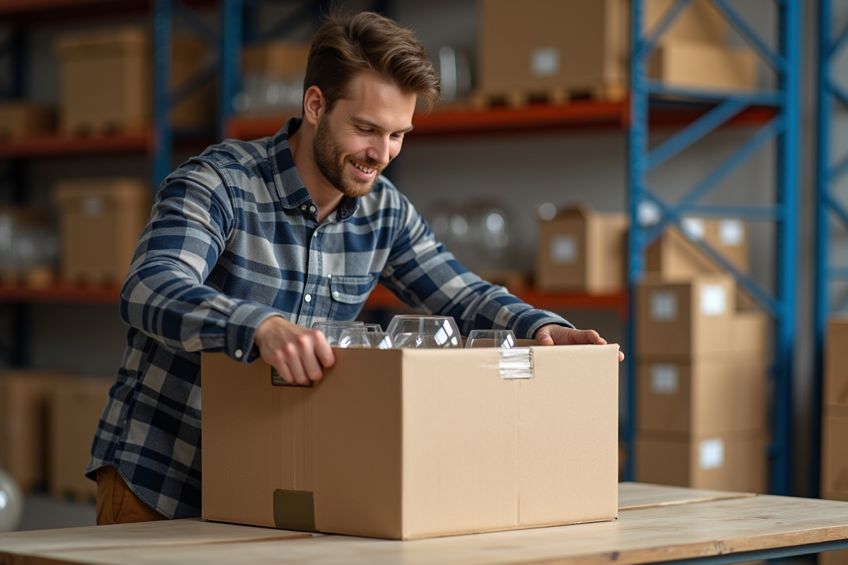 Jeune homme scellant un carton de vaisselle