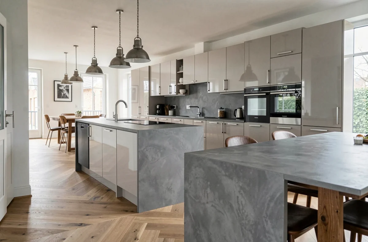 Cuisine Schmidt gris perle laquée avec îlot en Dekton et parquet en chêne dans un espace ouvert moderne