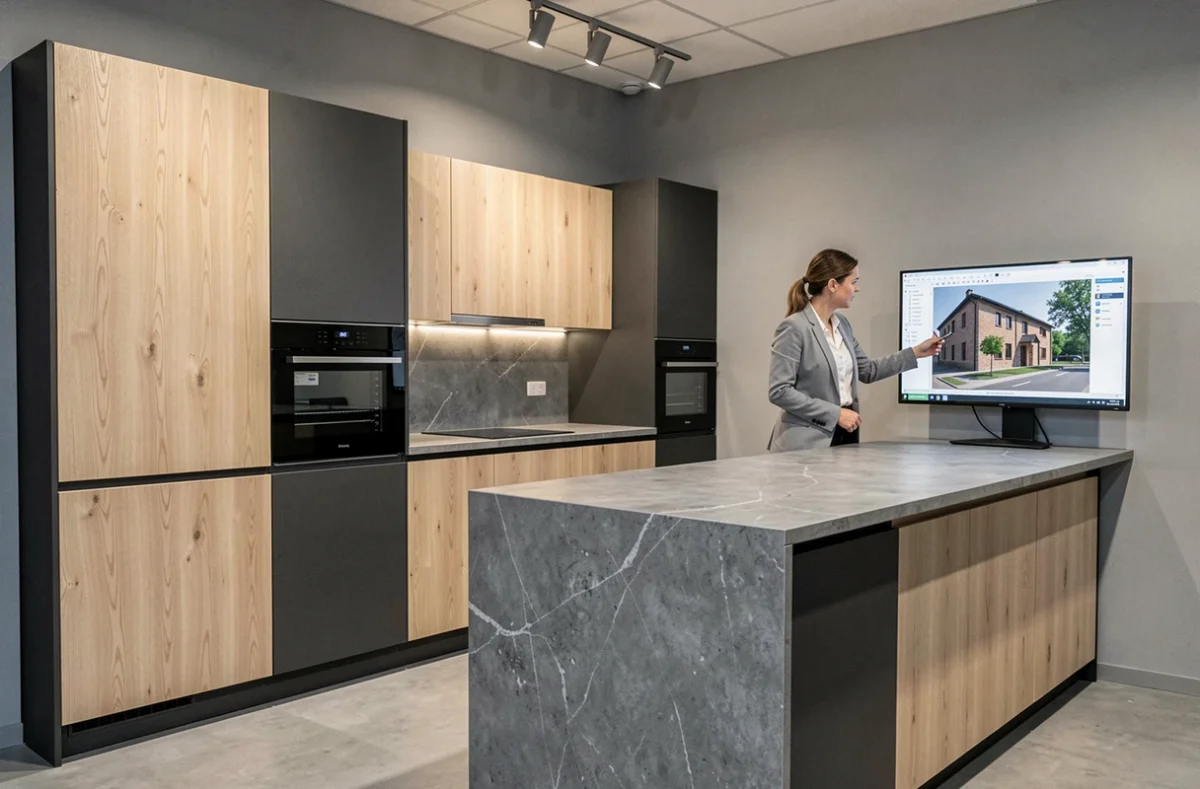 Cuisine Schmidt à Épinal en bitonalité anthracite et chêne clair avec îlot et électroménager encastré