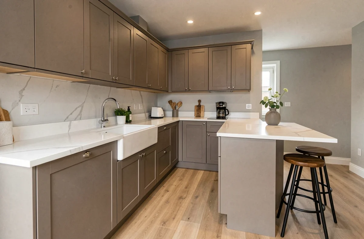 Cuisine SoCoo'c en taupe mat avec plan de travail en quartz blanc et évier de ferme dans une maison de ville française