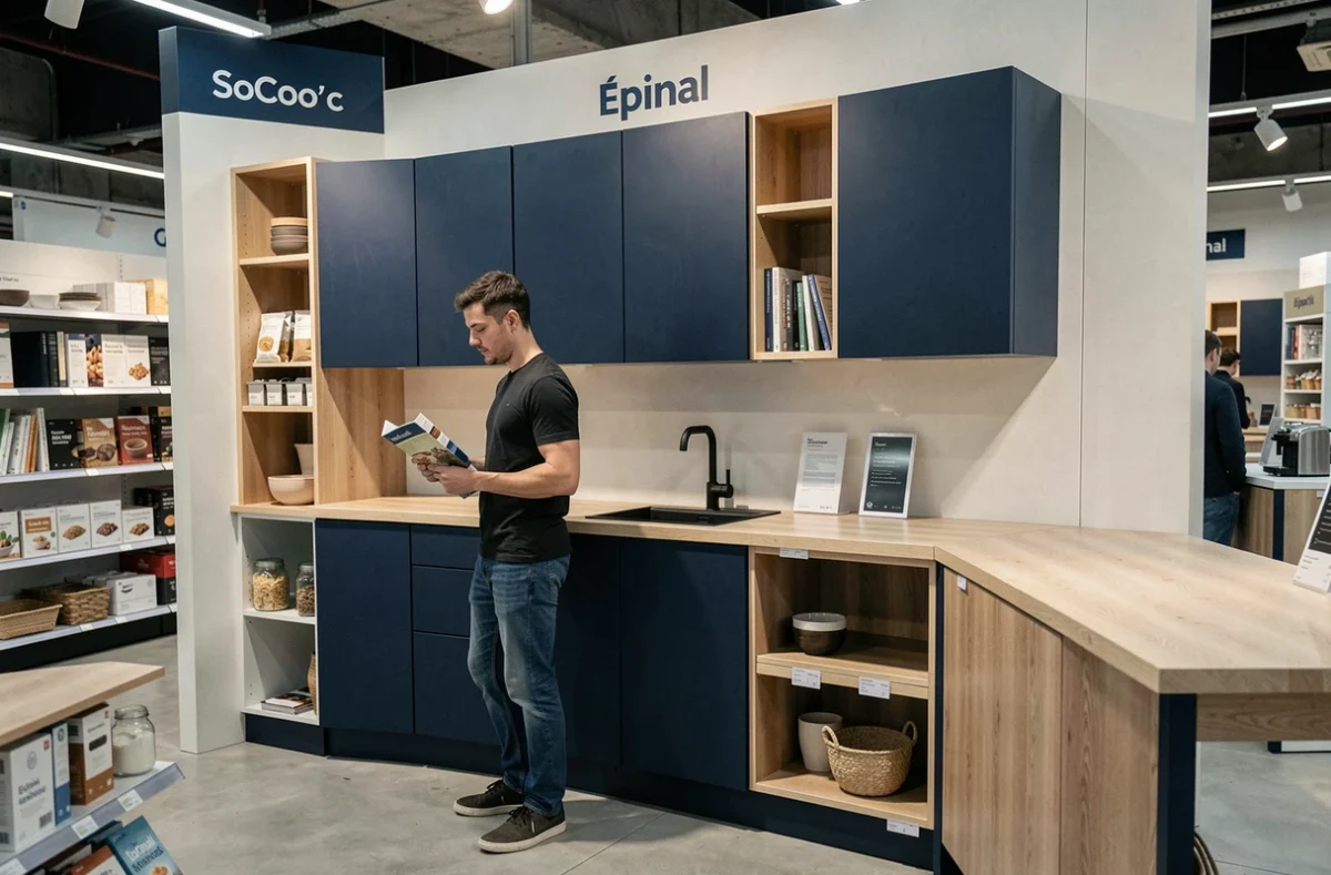 Cuisine SoCoo'c à Épinal avec façades bleu marine mat et plan de travail effet bois clair