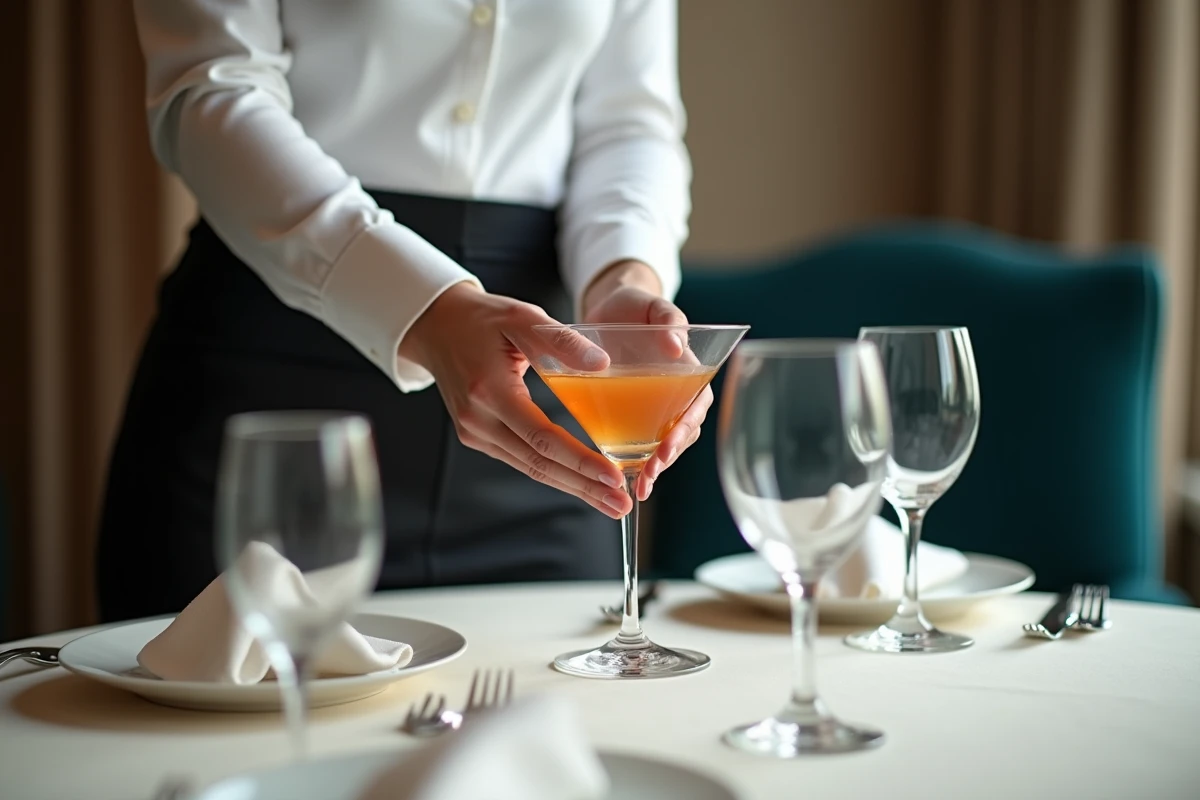 Sommelière plaçant un verre à cocktail sur une table dressée selon les règles de disposition des verres