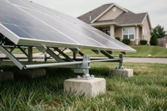 Structure au sol pour panneau solaire fixée sur plots béton dans un jardin résidentiel