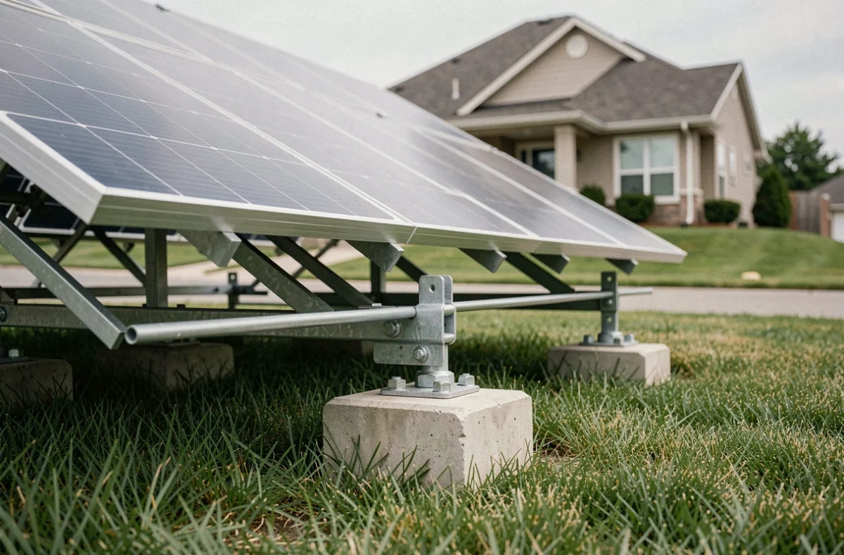 Structure au sol pour panneau solaire fixée sur plots béton dans un jardin résidentiel