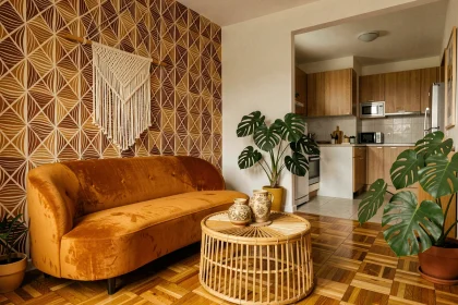 Studio décoré dans le style années 70 avec canapé en velours orange, table ronde en rotin et papier peint géométrique aux tons terracotta