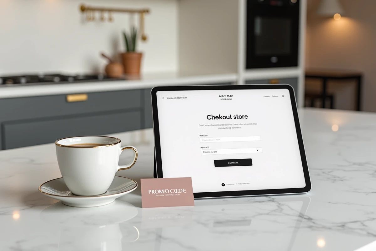 Gros plan sur une tablette affichant un code promo Sklum lors d'une première commande sur un plan de travail en marbre