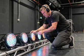 Technicien de scène ajustant des projecteurs PAR LED sur un truss dans une salle de concert professionnelle