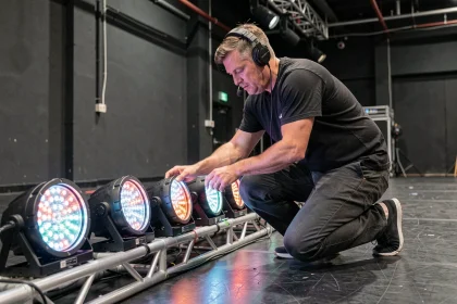 Technicien de scène ajustant des projecteurs PAR LED sur un truss dans une salle de concert professionnelle