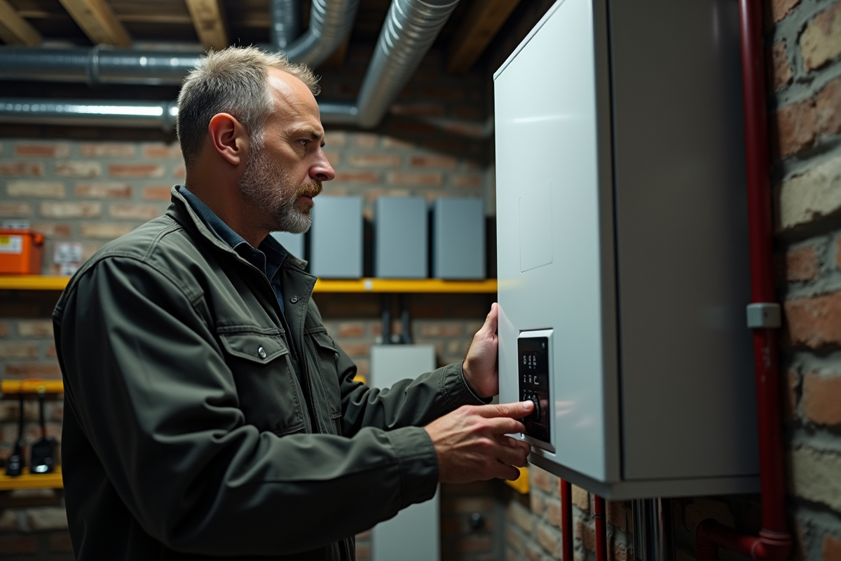 Technicien vérifiant une chaudière murale dans un sous-sol