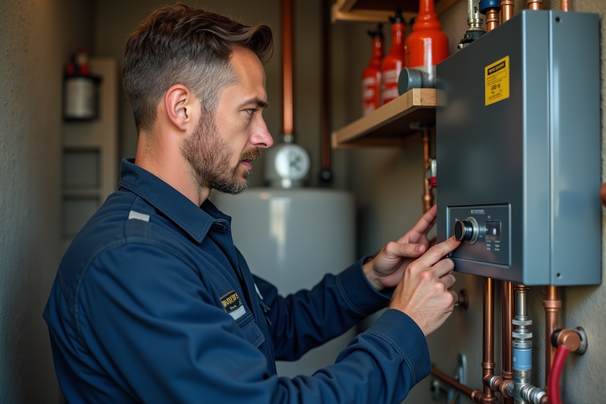 Technicien chauffage vérifiant un panneau de contrôle de chaudière gaz