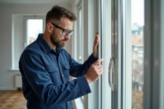 Technicien inspectant un double vitrage dans un appartement moderne, réglementation thermique 2026