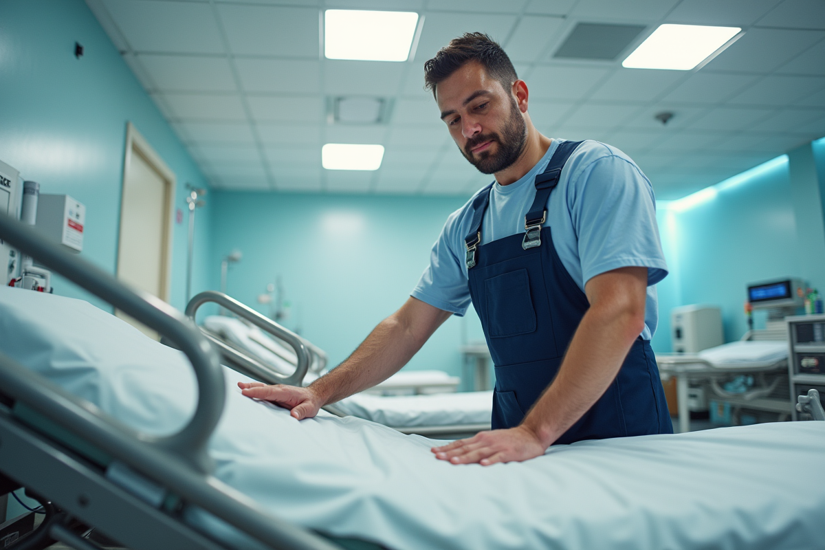 Technicien en tenue inspectant un lit hydraulique usé en hôpital